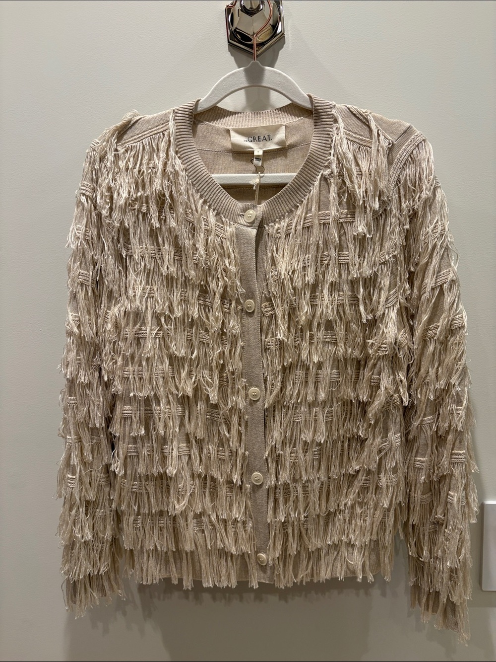 THE GREAT. Textured Fringe Cardigan - Beige/Cream